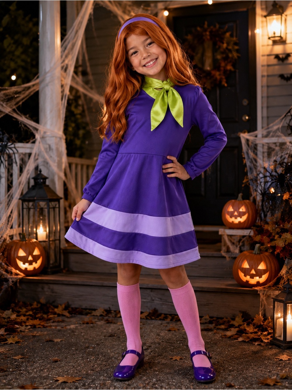 NWT - Daphne Scooby-Doo Girls Halloween Costume Set Size 7/8 Wig, dress, socks… - Picture 2 of 12